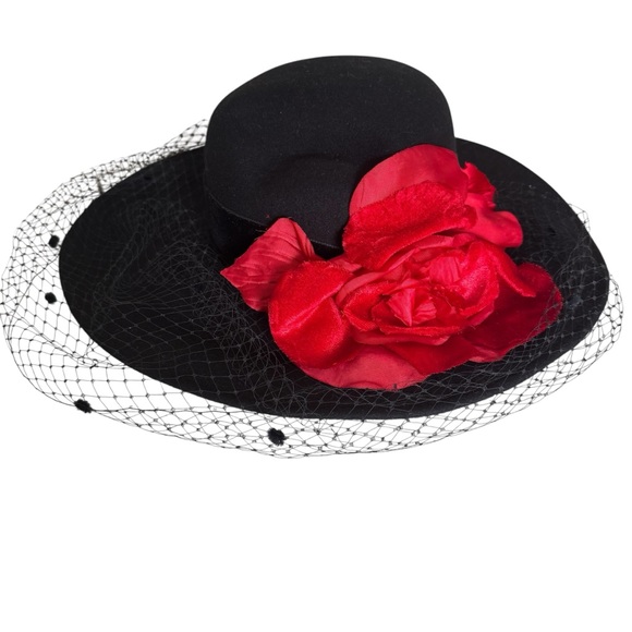 Vintage Black Wool Hat with Red Floral Detail and Black Netting - Picture 2 of 11